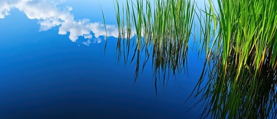 Fototapeta premium Reflected Grass Blades and Clouds in Blue Water