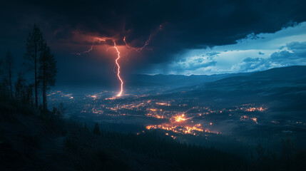 Oszałamiający widok nocnego krajobrazu, oświetlony przez potężny piorun, który uwydatnia odległe światła miasta i okoliczny teren.