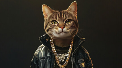 A cool cat in a jacket and a gold chain, Super realistic cat, Printing on a T-shirt, jacket, sweatshirt, Prints for clothes, Wallpaper, screensaver, Banner,  