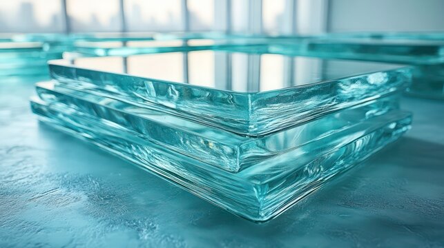 Glass stacked for window industrial construction. Abstract geometric texture. Pile pieces of thick material of glazier