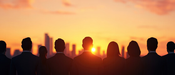 Fototapeta premium Business leaders silhouetted against a vibrant sunset, reflecting on the city skyline, symbolizing collaboration, vision, and the promise of new beginnings.