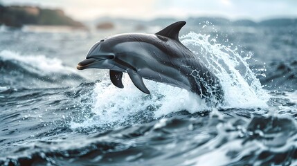 Fototapeta premium Playful Dolphin Leaping Joyfully from Ocean Waves