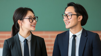 Professional camaraderie, two colleagues engaged in a cheerful conversation, both dressed in formal attire, showcasing teamwork and mutual respect in a modern office setting