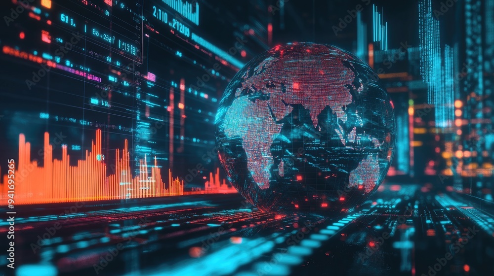 Poster digital globe hologram surrounded by dynamic financial data streams, symbolizing worldwide economic 