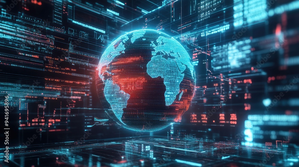 Poster digital globe hologram surrounded by dynamic financial data streams, symbolizing worldwide economic 