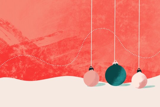 Abstract Christmas Ornaments on Snowy Coral Background