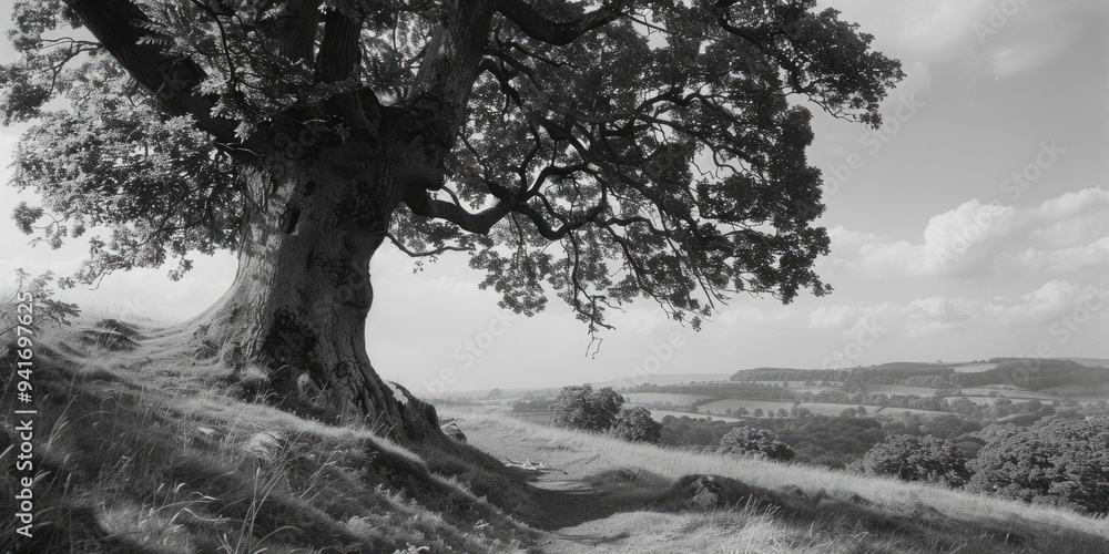 Poster a simple image of a tree standing tall on a hill, perfect for use in minimalist designs or as a back