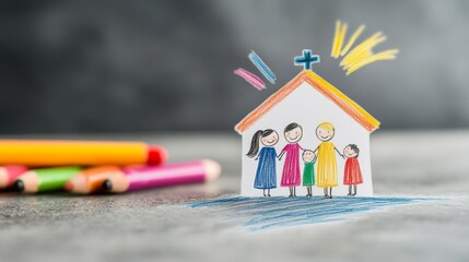 Family Faith: A vibrant, hand-drawn depiction of a joyful family standing before their church, symbolizing faith, togetherness, and the importance of religious community. 