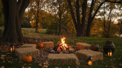 Intimate backyard bonfire with hay bales for seating, warm firelight illuminating surrounding trees and freshly fallen leaves, pumpkins and lanterns adding to the cozy autumn gathering