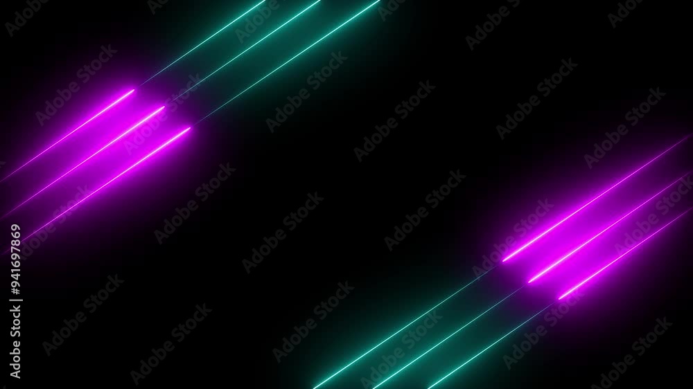 Poster abstract purple and blue neon lights animated on a dark background. abstraction neon lines moving up