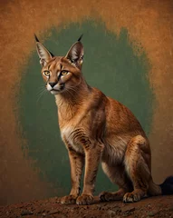 Papier peint photo  Illustration of a Brown Caracal with a Yellow Face Sitting on a Rock. Safari, Wildlife, Nature, Africa  © Pedro Llinas