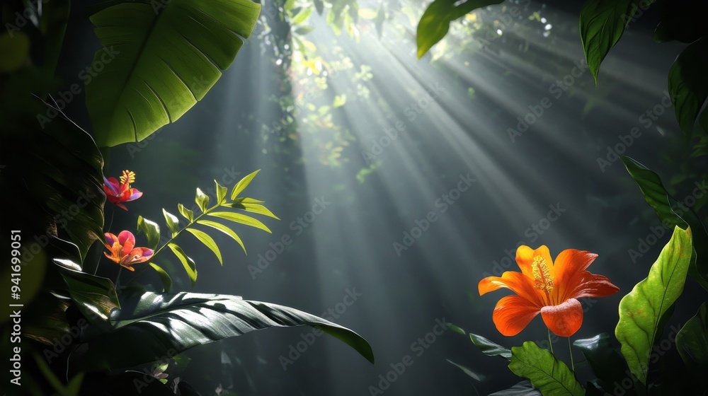 Poster a vibrant jungle scene with sunlight filtering through the leaves, creating a beautiful and ethereal