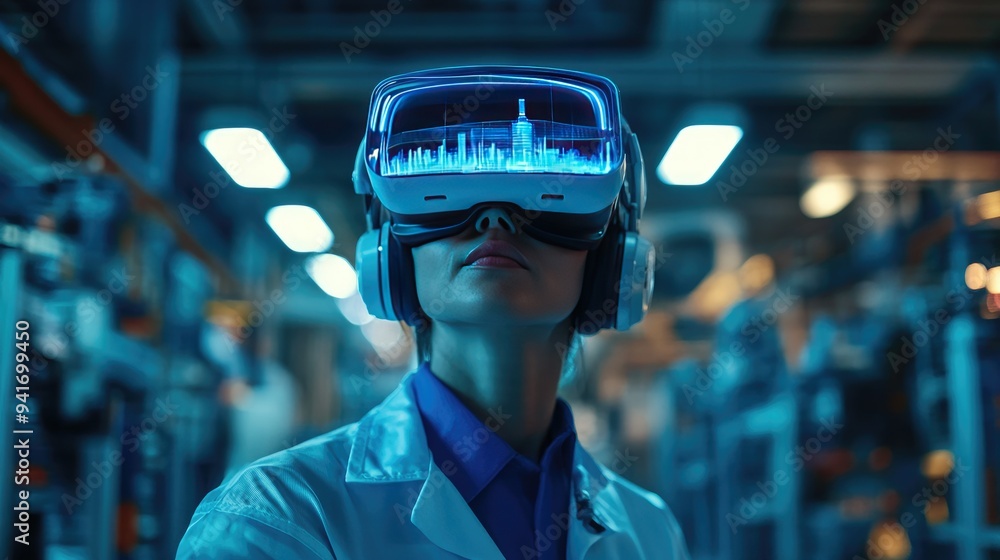 Poster engineer exploring virtual reality within a futuristic manufacturing setting, blending digital and p