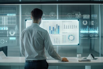 A professional working in a high-tech office using a holographic computer. The holographic display features 3D graphs, data charts, and virtual documents, showcasing advanced technology and modern