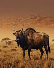 Illustration of a large brown wildebeest with horns in a field of tall grass. Safari, Wildlife, Nature, Africa