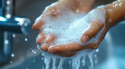 Obraz premium Hands being washed with liquid soap under running water, with rich foam forming,