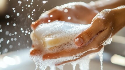 Fototapeta premium Hands being washed with liquid soap under running water, with rich foam forming,