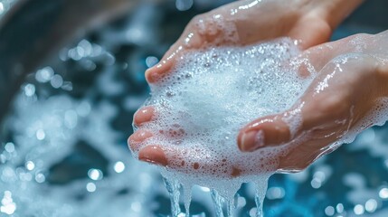 Fototapeta premium Hands being washed with liquid soap under running water, with rich foam forming,