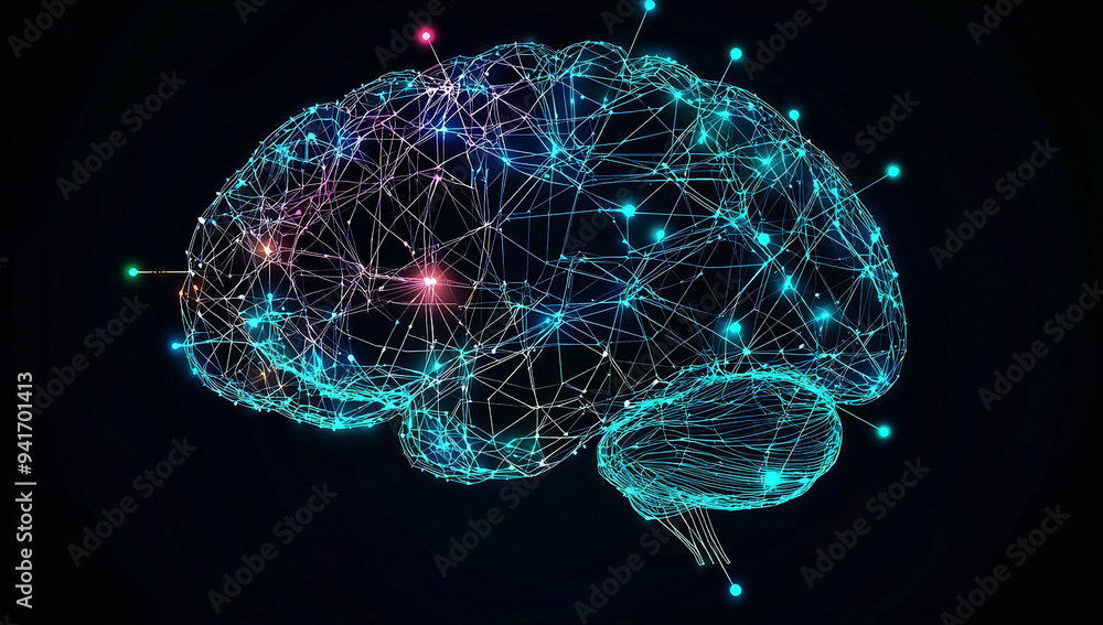 Poster digital brain with glowing connections and neural network on a blue background, ai concept, symboliz