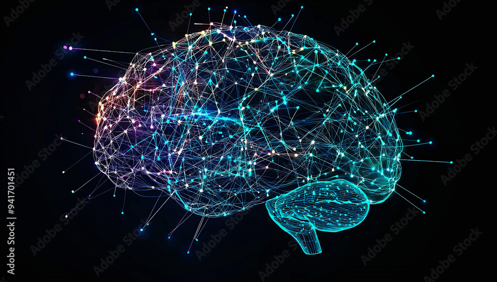 Poster artificial intelligence brain circuitry glowing on a dark blue background,illustration.ai technology