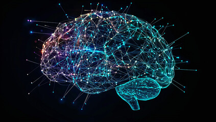 Artificial Intelligence brain circuitry glowing on a dark blue background,illustration.AI technology concept, representing the power of artificial intelligence and technology.