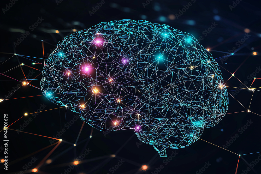 Poster artificial intelligence brain circuitry glowing on a dark blue background,illustration.ai technology