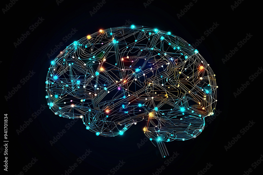 Poster digital brain with glowing connections and neural network on a blue background, ai concept, symboliz