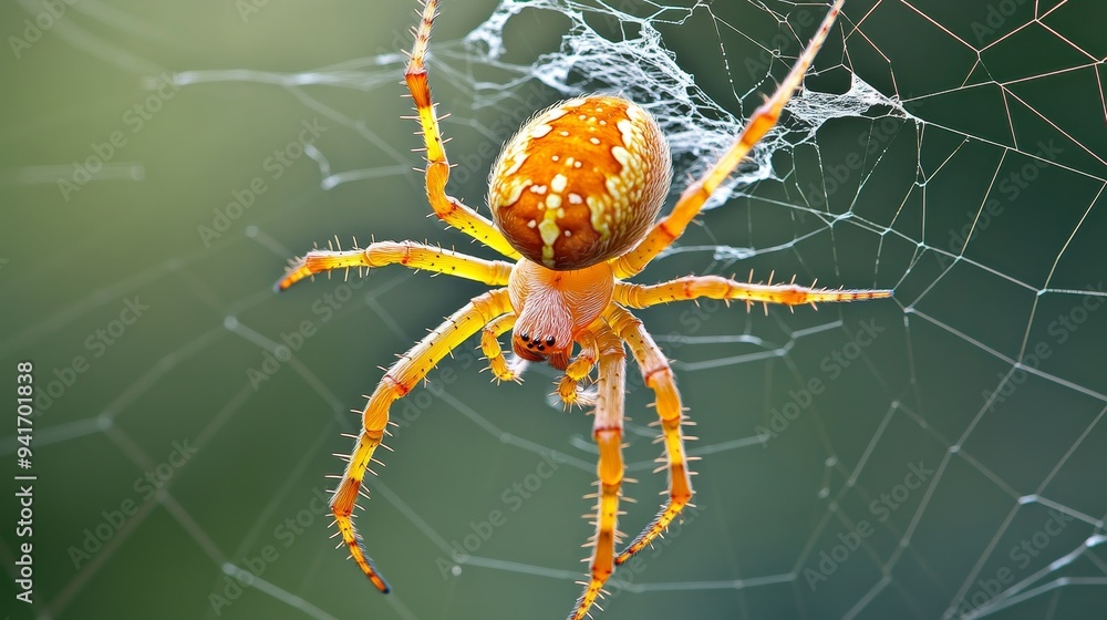 Poster a vibrant spider with orange and white markings sits on its intricate web, a testament to the beauty
