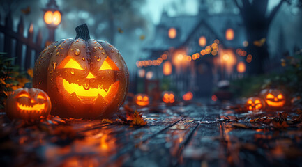 Spooky Halloween scene with pumpkins and a foggy night house