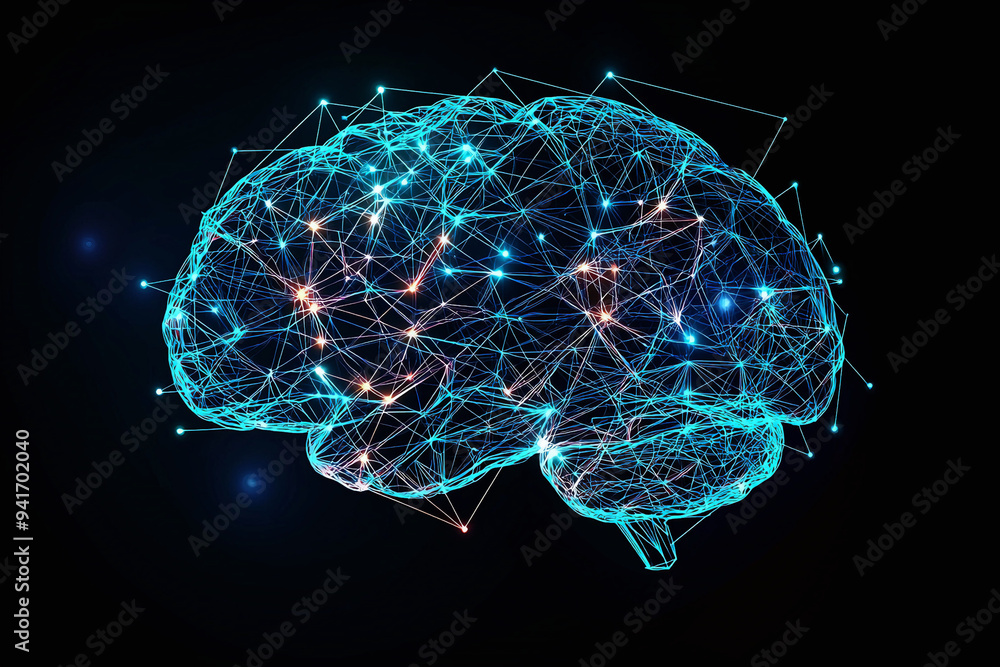 Poster abstract background with a human brain and neural connections on a blue glowing light, a digital tec