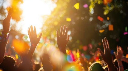 Joyful celebration with raised hands and colorful confetti under a bright sunlight, capturing the essence of happiness and unity.