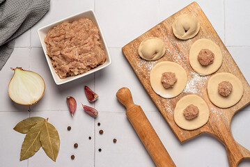 Food photography of ingredients of  homemade dumplings, raw dough and minced chicken, onion, garlic, pepper, bay leaf, ravioli, tortellini