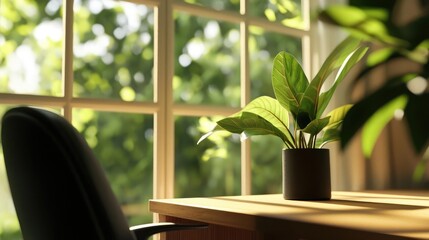 A serene workspace featuring a green plant on a wooden desk, illuminated by natural light coming through a window.