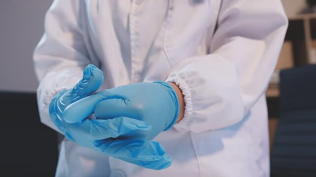 Woman doctor putting blue latex medical gloves on white background.Surgeon wearing gloves before surgery at operating room.Risk and infection control concept.