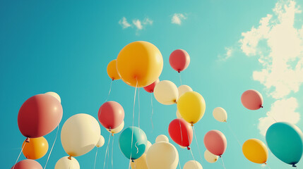 Colorful balloons soar into the sky on a sunny day,  creating a joyful atmosphere. This can be used for festive occasions, marriage proposals, birthdays, or weddings, and other happy days.