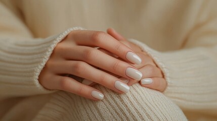 Fototapeta premium Close-up of a woman's hands nails with a cozy sweater