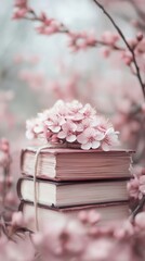 A Stack of Closed Books Adorned With Delicate Pink Flowers in a Serene Setting