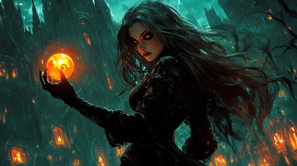 portrait of beautiful witch holding fire magic ball on night city, fortuneteller soothsayer or palmist, Halloween concept art, fantasy mysterious wallpaper, miracle storybook dream background