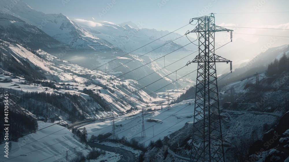 Poster a mountain landscape with a power transmission line running through the foreground, providing a sens