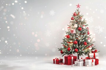 Obraz premium Immerse yourself in the festive vibe with this Christmas scene, complete with a beautifully decorated tree, twinkling lights, and snowfall, evoking a cozy winter charm ideal for holiday projects