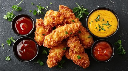 Crispy fried chicken tenders, served with a variety of dipping sauces, including honey mustard and barbecue.