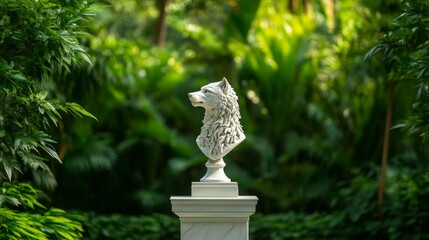 Obraz premium A white marble wolf head statue stands on a plinth, surrounded by lush greenery. The statue's intricate details and the peaceful environment symbolize strength, loyalty, nature, and tranquility.