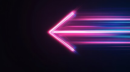 Neon arrow pointing left with vibrant colors and motion blur on a dark background, ideal for tech, direction, or futuristic themes.
