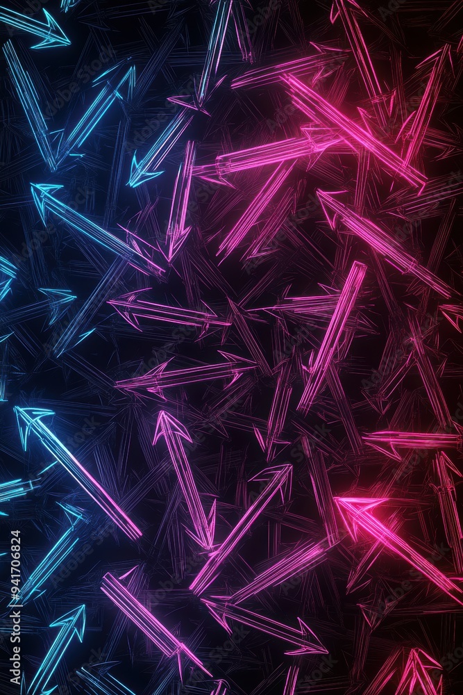 Aufkleber Neon blue and pink arrows abstract background. Dynamic directional light pattern creating a vibrant and energetic visual experience.