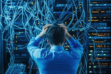 Stressed IT professional facing tangled server cables in a data center, dealing with technical difficulties and network issues.