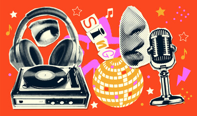 Retro groovy music collage elements set with mouth singing to microphone in halftone paper style, eye, retro mike and record player. Vintage vector stickers collection. © LanaSham