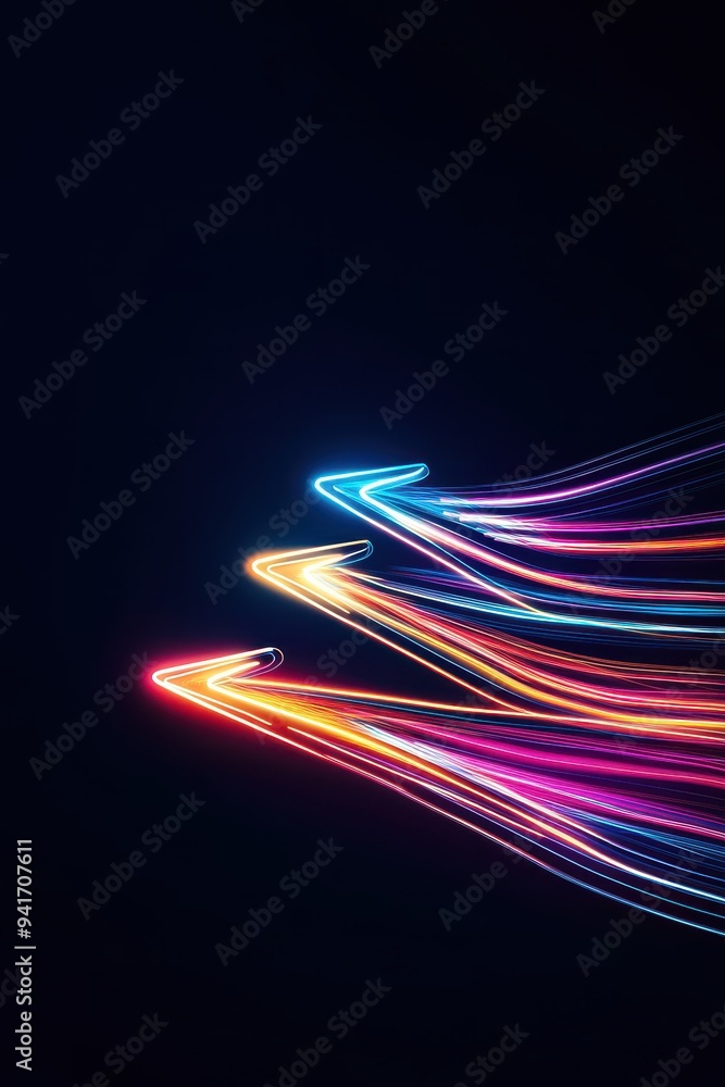Poster vibrant multicolored light trails on a dark background create a dynamic and futuristic visual effect