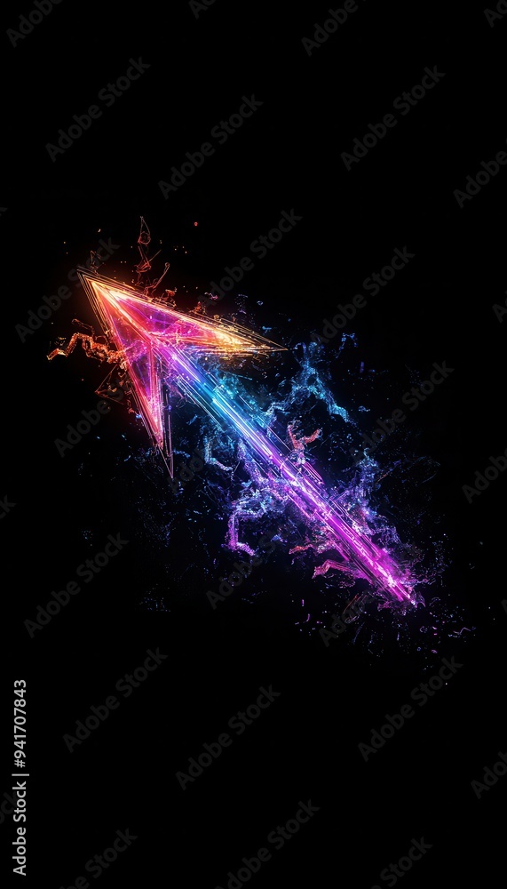 Poster vibrant neon arrow pointing up with abstract light trails on a dark background, symbolizing progress