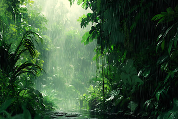 A lush tropical rainforest with cascading water and dense greenery.