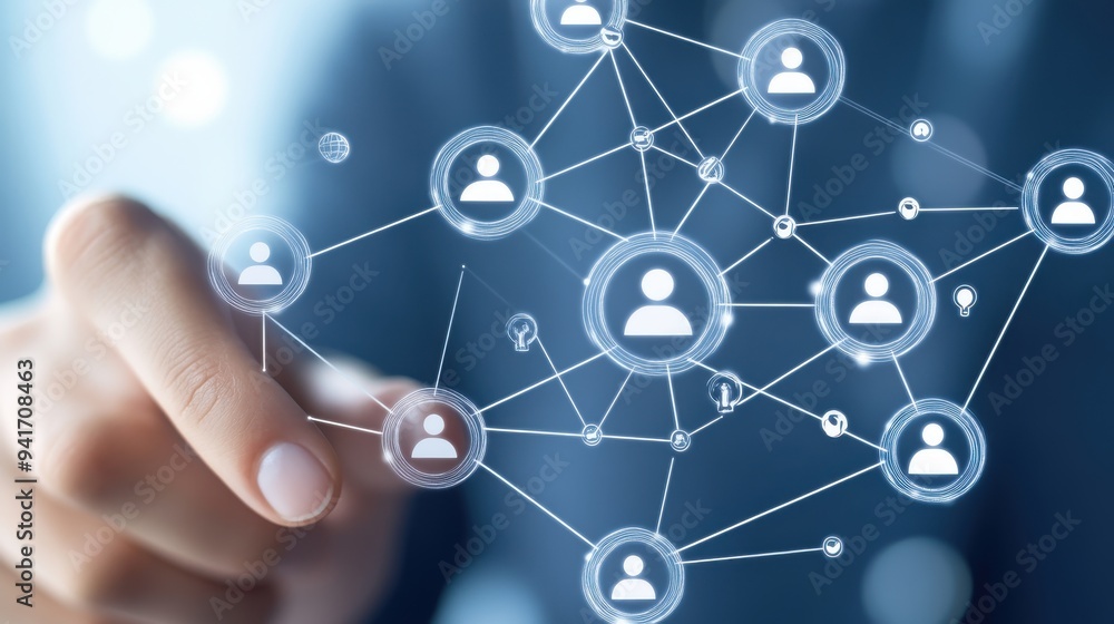 Poster a hand interacts with a digital network of interconnected icons representing social media or communi